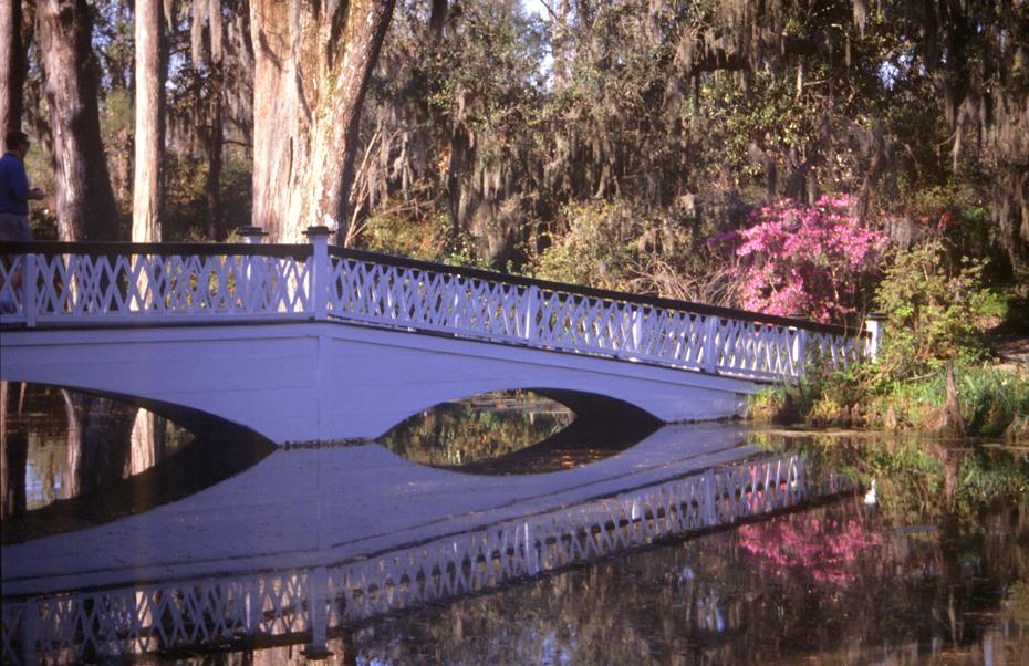 die berühmte Brücke in den Magnolia Gardens